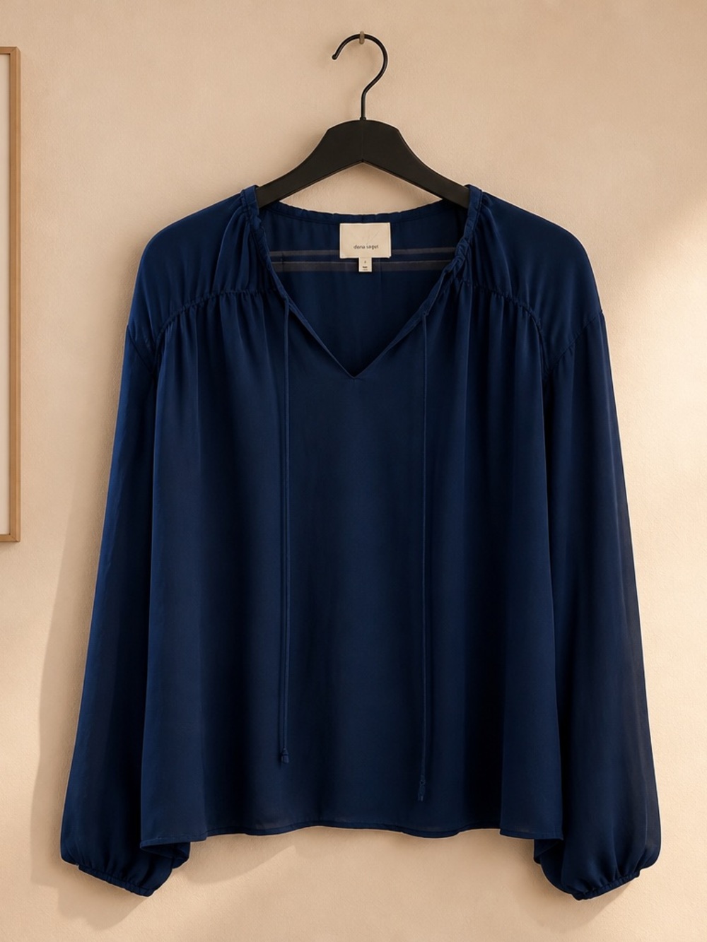 cinq a sept Navy Blue V-Neck Tie-Front Long Sleeve Blouse